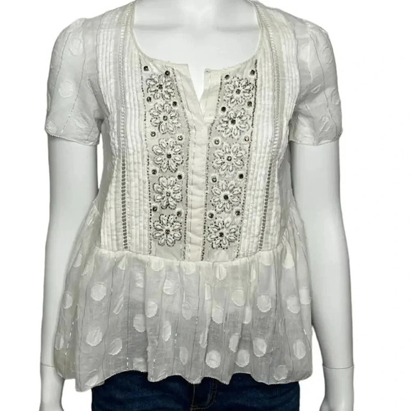 Leifsdottir Anthropologie Beaded Sheer White Peplum Blouse Size 0 - Picture 8 of 9